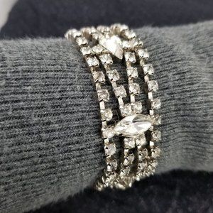 CRYSTAL rhinestone bracelet sparkle wide white clear silver tone marquis